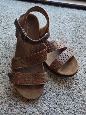 Clarks Tan Perforated Leather Strap Sandals